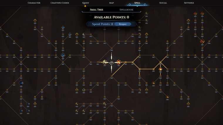 Dimraeth skill tree screen with spent and available points