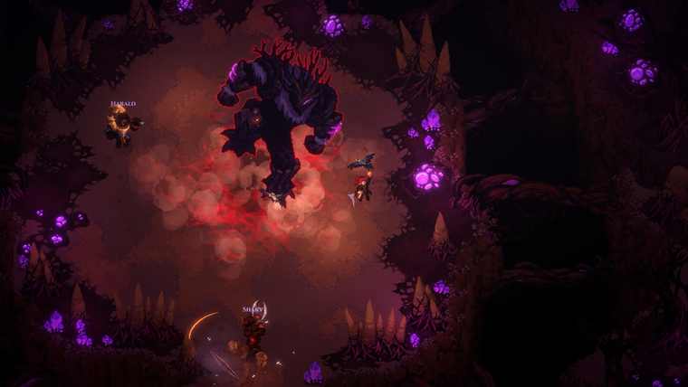 Party fighting a large corrupted enemy in a purple-lit clearing
